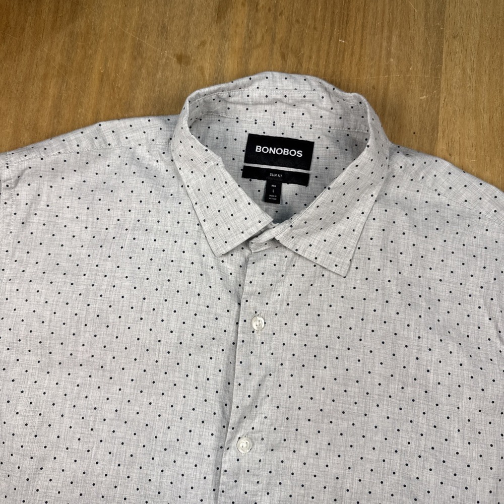 Bonobos Slim Fit Short Sleeve Button Down Shirt Mens L Gray Dotted Print‎